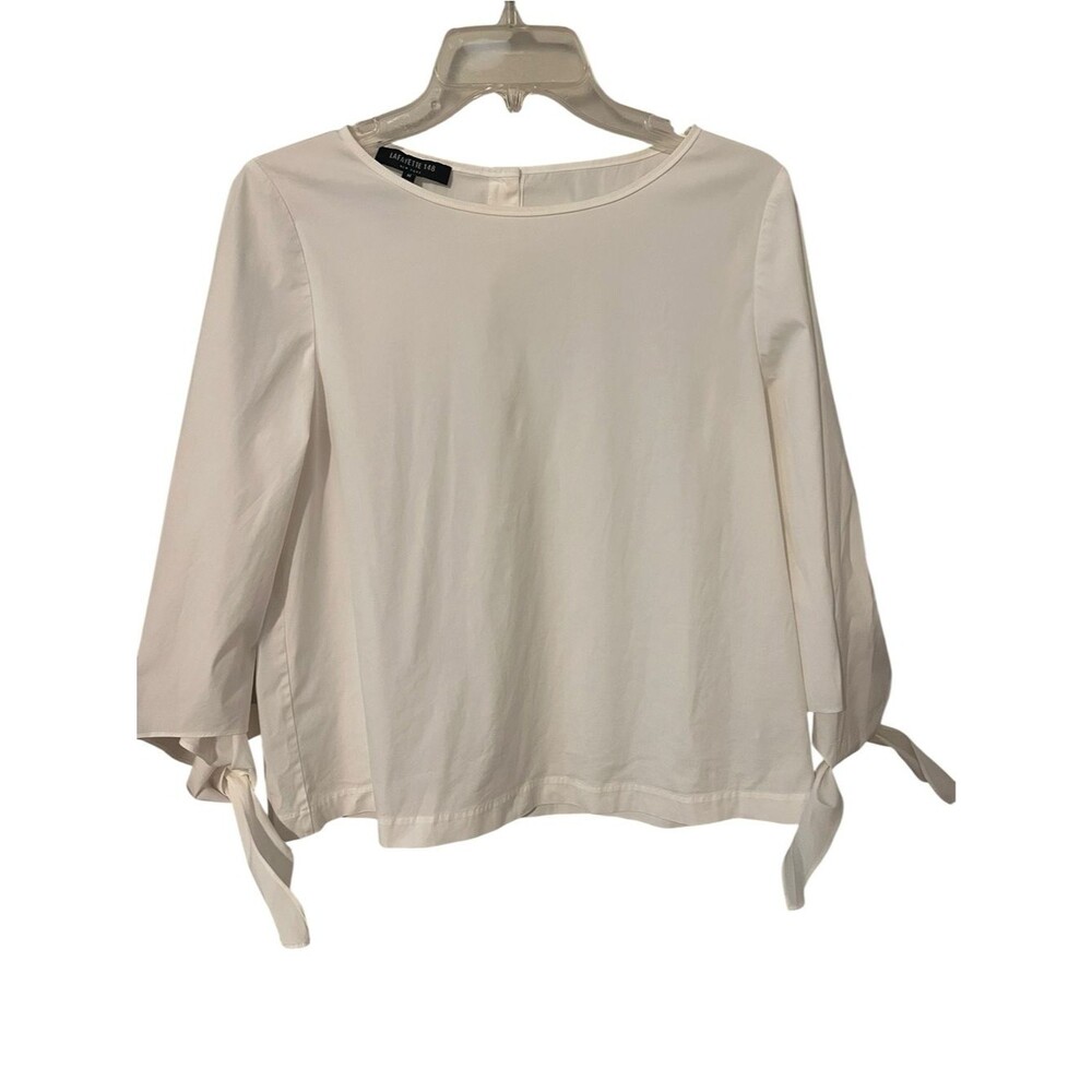 Lafayette 148 White Tie Sleeve Blouse Top M Stretch Cotton Boat Neck Minimalist